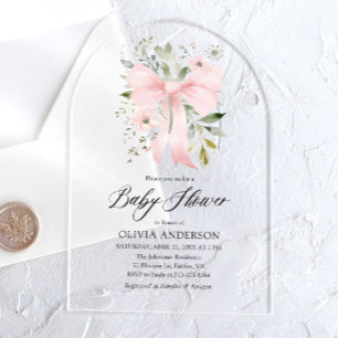 Invitations En Acrylique Bébé au ruban rose Baby Shower Florale