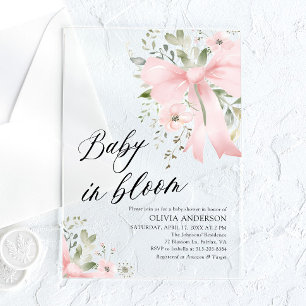 Invitations En Acrylique Bébé au ruban rose Baby Shower Florale