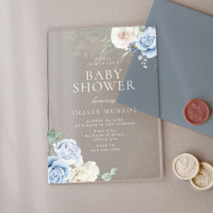 Invitations En Acrylique Bébé Baby shower floral bleu et blanc