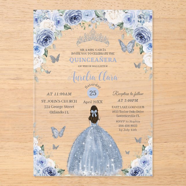 Invitations En Acrylique Bébé Bleu Blanc Floral Princesse Quinceañera XV 16 (Recto)
