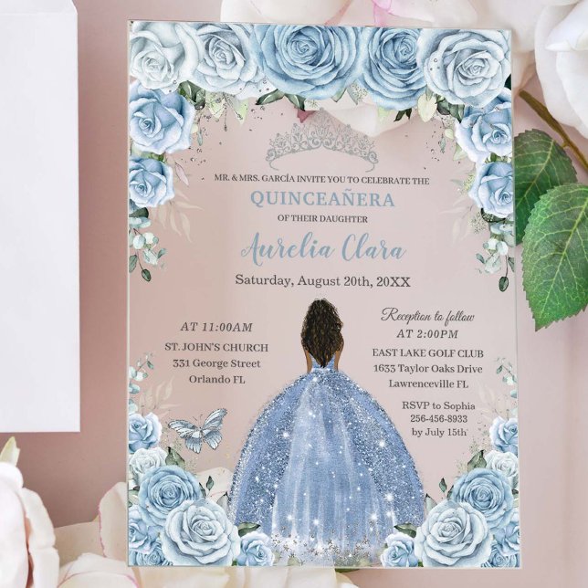 Invitations En Acrylique Bébé bleu Floral Brown Princesse Silver Quinceañer (baby blue quinceañera acrylic invitation brown african girl in glittery dress butterfly silver tiara)