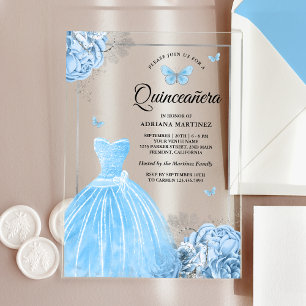 Invitations En Acrylique Bébé Bleu Floral Papillon Argent Quinceanera