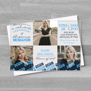 Invitations En Acrylique Bébé Bleu & Marine Graduation 3 Photo Frosted