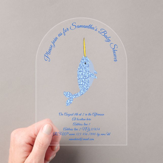 Invitations En Acrylique Bébé bleu mignon garçon Narwhal Baby shower person (In situ (ordinateur de poche))