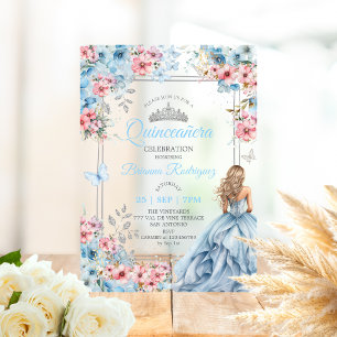 Invitations En Acrylique Bébé Bleu Rose Argent Floral Papillon Quinceañera