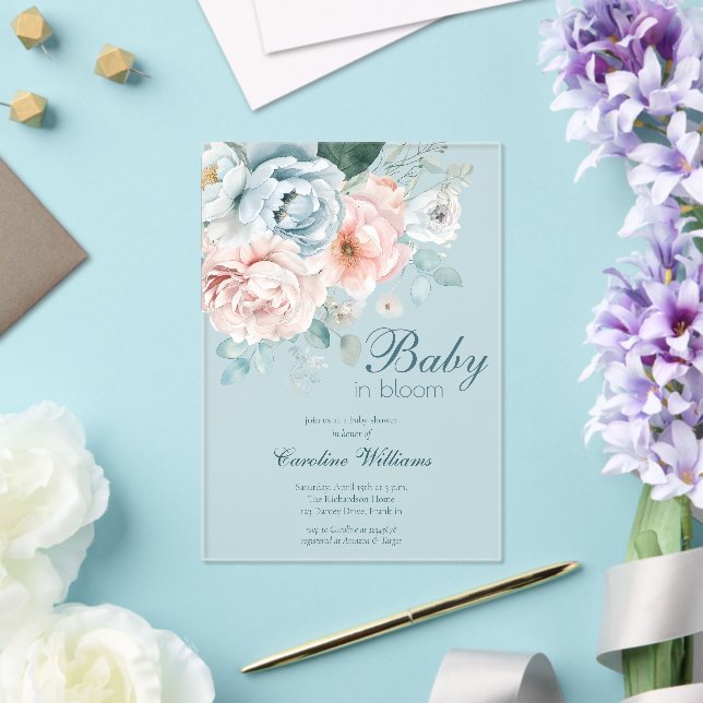 Invitations En Acrylique Bébé en Fleur Aquarelle Dusty Baby shower bleu (Insitu (Mariage))
