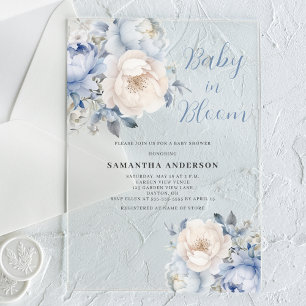 Invitations En Acrylique Bébé En Fleur Bleu Floral Baby shower Garçon