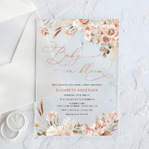 Invitations En Acrylique Bébé en Fleur Boho Pampas Baby shower en herbe