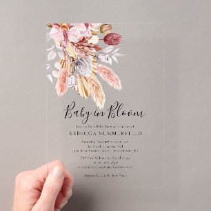 Invitations En Acrylique Bébé en fleurs Bain Bohème Herbe de Pampas