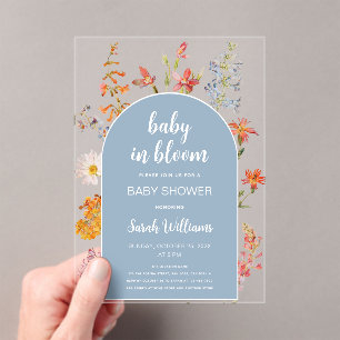 Invitations En Acrylique Bébé en fleurs garçon douche Arc Bleu Fleurs sauva