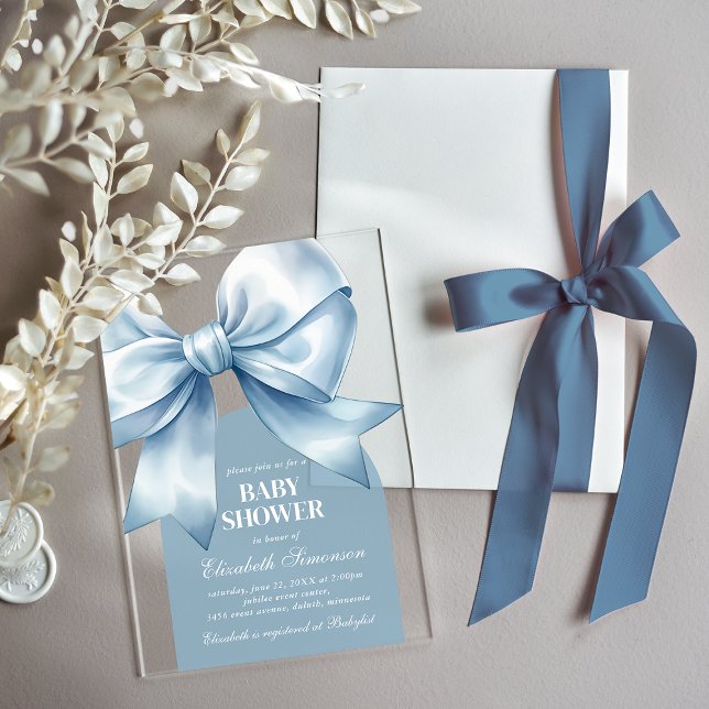 Invitations En Acrylique Bébé garçon au ruban bleu Élégante fête de naissan (Blue Bow Baby Boy Elegant Baby Shower Acrylic Invitations)