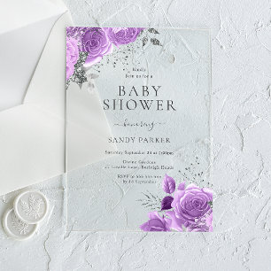 Invitations En Acrylique Bébé Lavande Violet & Argent Shower