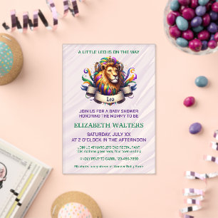 Invitations En Acrylique Bébé Lion Zodiaque Lavande et Vert Shower