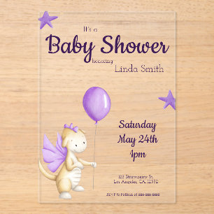 Invitations En Acrylique Bébé mignon Dragon Purple Girl Baby shower