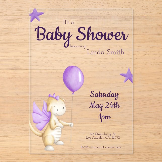 Invitations En Acrylique Bébé mignon Dragon Purple Girl Baby shower (Recto)