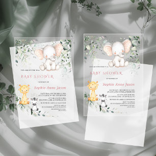Invitations En Acrylique Bébé mignon Elephant Amis Safari Baby shower fille