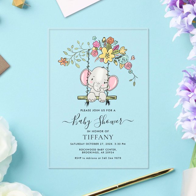 Invitations En Acrylique Bébé mignon éléphant garçon Flore Baby shower à ne (Créateur téléchargé)