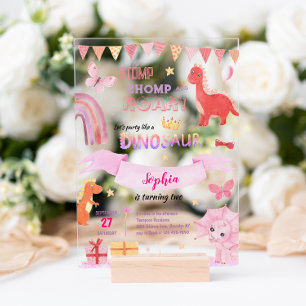 Invitations En Acrylique Bébé mignon fille rose Dino Dinosaur Anniversaire 