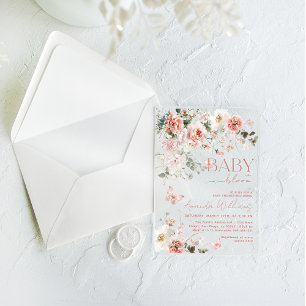 Invitations En Acrylique Bébé papillon en fleur Baby shower floral rose