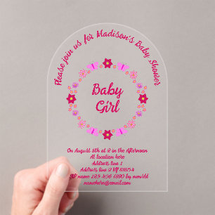 Invitations En Acrylique Bébé rose Baby shower papillons et fleurs