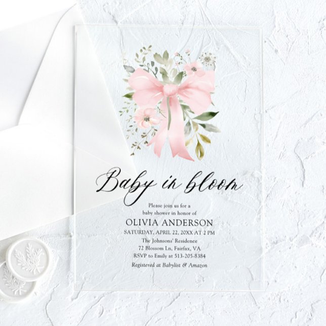 Invitations En Acrylique Bébé rose en fleur Baby shower floral fille (Créateur téléchargé)