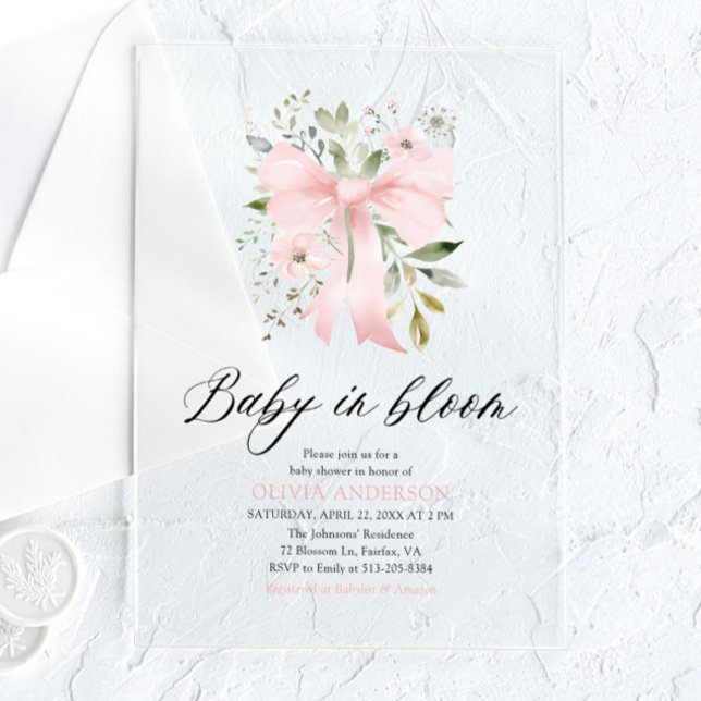 Invitations En Acrylique Bébé rose en fleur Baby shower floral fille (Créateur téléchargé)