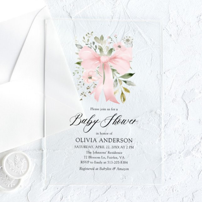 Invitations En Acrylique Bébé rose en fleur Baby shower floral fille (Créateur téléchargé)