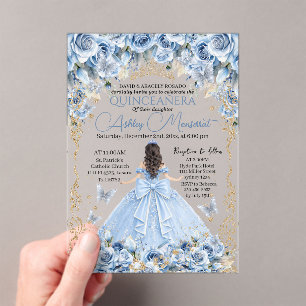 Invitations En Acrylique Bébé Royal Couronne d'Or Bleue Quinceañera
