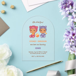 Invitations En Acrylique Bébé Twins Premier Anniversaire Chat Ours Transpar