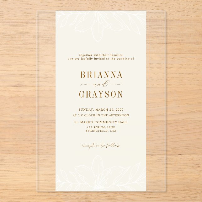 Invitations En Acrylique Beige Floral Elegant Minimalist Photo Back Wedding (Recto)