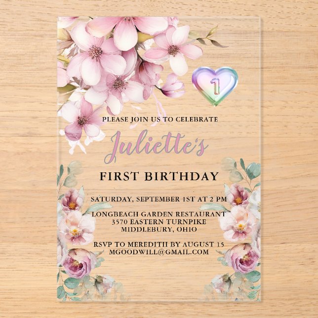 Invitations En Acrylique Belle Aquarelle rose Fleurs Premier Anniversaire (Recto)