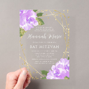 Invitations En Acrylique Belle Bar Mitzvah aquarelle violette florale or