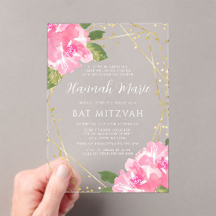Invitations En Acrylique Belle Bat Mitsva aquarelle rose en or