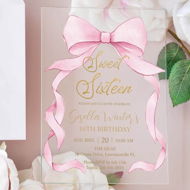 Invitations En Acrylique Belle Coquette Pink Ribbon Bows Sweet 16 Anniversa (Créateur téléchargé)
