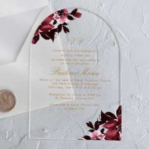 Invitations En Acrylique Belle Quinceañera Florale Bourgogne