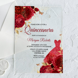 Invitations En Acrylique Belle Roses Rouges Roses Étincelantes Robe Étincel