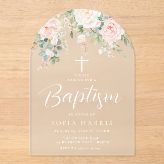 Invitations En Acrylique Belles Fleurs Blush Bébé Filles Baptême