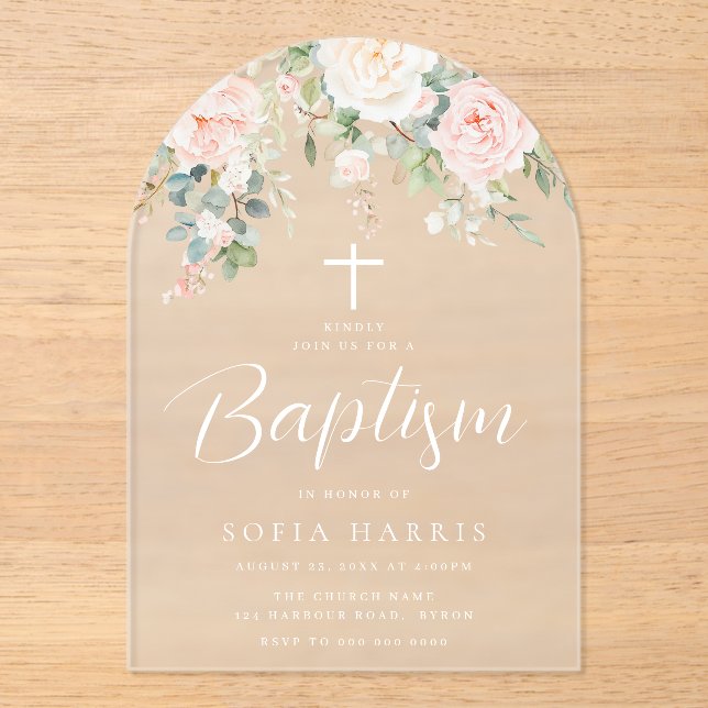 Invitations En Acrylique Belles Fleurs Blush Bébé Filles Baptême (Recto)