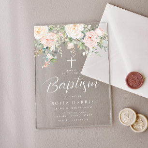 Invitations En Acrylique Belles Fleurs Roses Fillettes Baptême