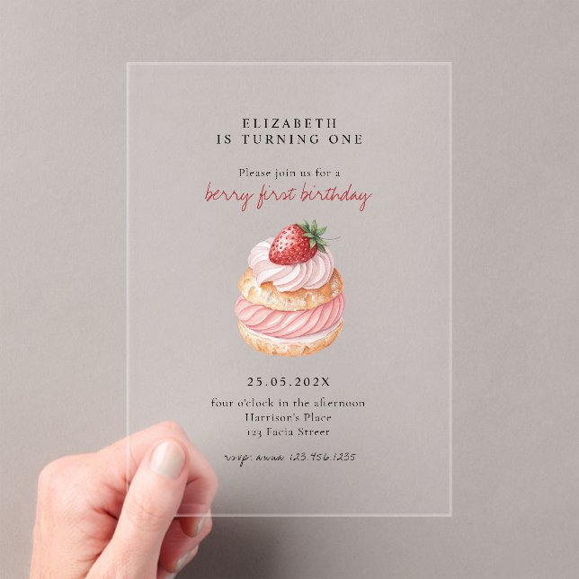 Invitations En Acrylique Berry doux rose premier anniversaire (In situ (ordinateur de poche))