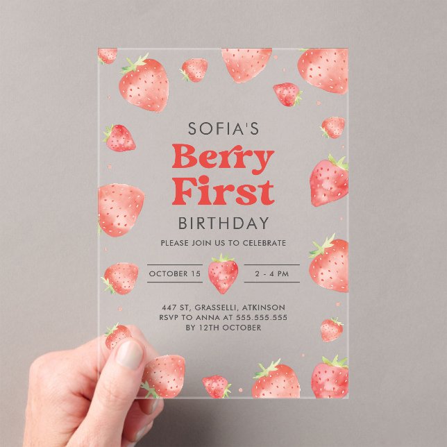 Invitations En Acrylique Berry Premier Motif de fraises 1er été Anniversair (In situ (ordinateur de poche))