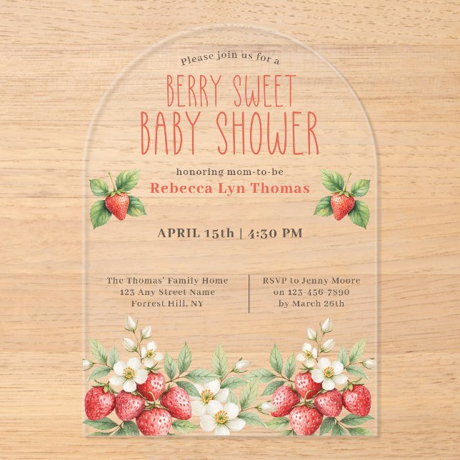 Invitations En Acrylique Berry Sweet Baby shower fraises (Recto)