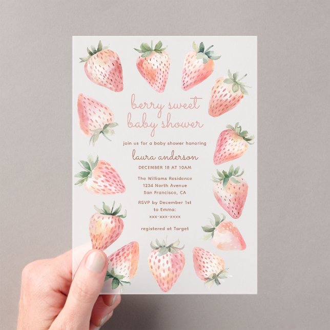 Invitations En Acrylique Berry Sweet Baby Shower Watercolor Strawberries (In situ (ordinateur de poche))