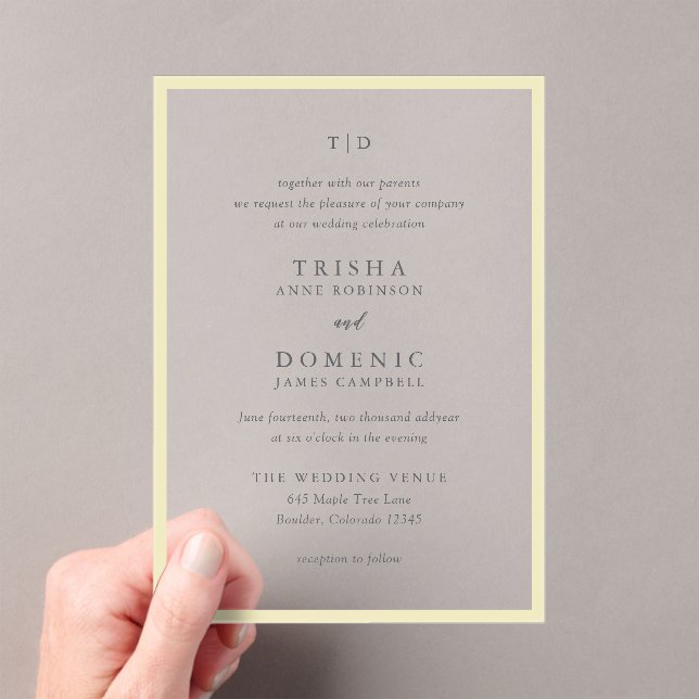 Invitations En Acrylique Beurre élégant Monogramme jaune Mariage moderne (In situ (ordinateur de poche))