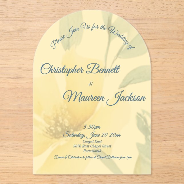 Invitations En Acrylique Beurre pâle Aquarelle jaune Mariage floral (Recto)