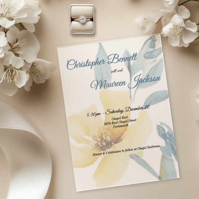 Invitations En Acrylique Beurre pâle Jaune Doux Bleu Mariage Floral (Butter Yellow & Pale Blue Floral Acrylic invitation)