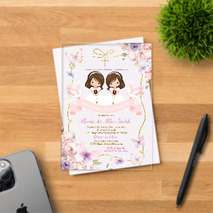 Invitations En Acrylique Bible de jumelles rose et violet Primera Comunión
