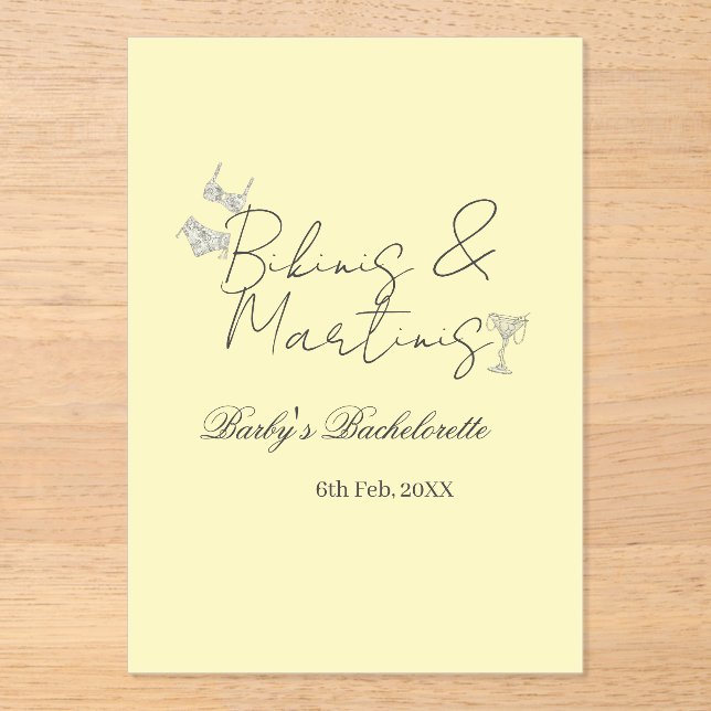Invitations En Acrylique Bikins & Martinis bachelorette party yellow retro (Recto)