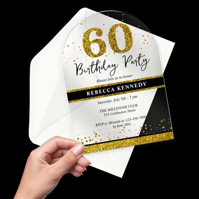 Invitations En Acrylique Black And Gold Parties scintillant 60e fête d'anni (Black And Gold Glitter 60th Birthday Party Acrylic Invitations
)