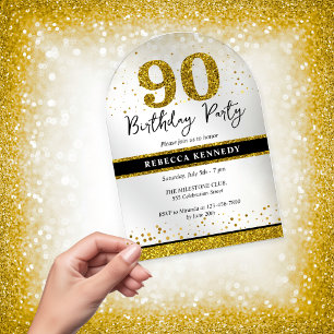 Invitations En Acrylique Black And Gold Parties scintillant 90e fête d'anni